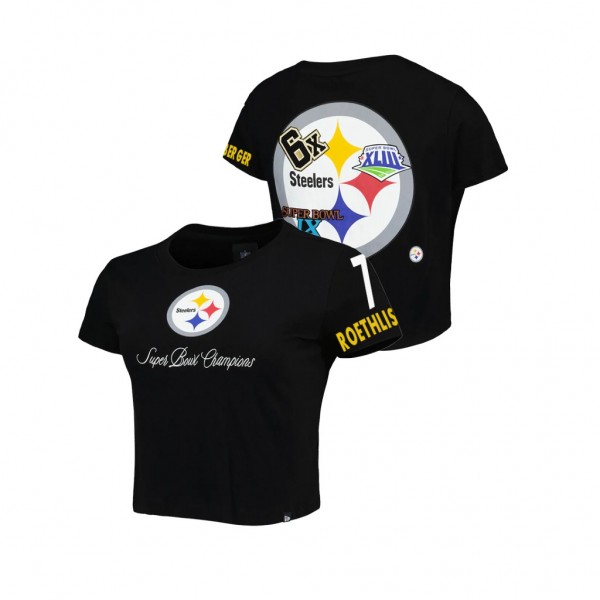 Women's Ben Roethlisberger #7 Steelers Historic Champs Black Retired Player T-Shirt