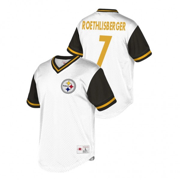 Steelers Ben Roethlisberger White Black Throwback Mesh V-Neck T-Shirt