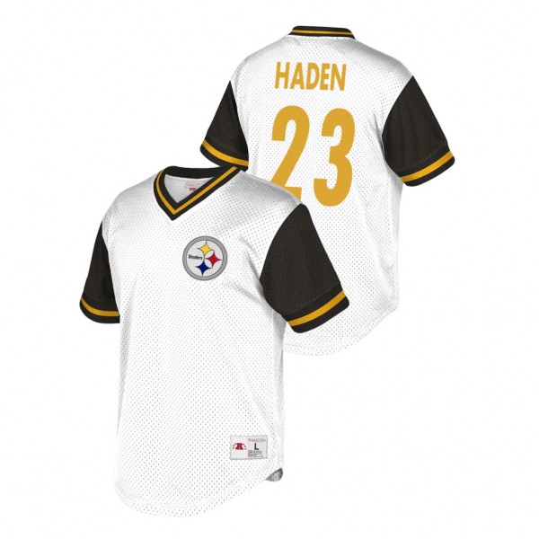 Steelers Joe Haden White Black Throwback Mesh V-Neck T-Shirt