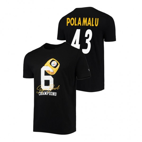 Men's Troy Polamalu NO. 43 Steelers Black Super Bowl Champions Rings Retired Player T-Shirt
